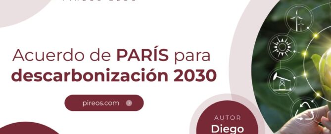 Infografía de Pireos Power sobre el Acuerdo de París para la descarbonización 2030, destacando la transición hacia economías de bajas emisiones, por Diego Tello.