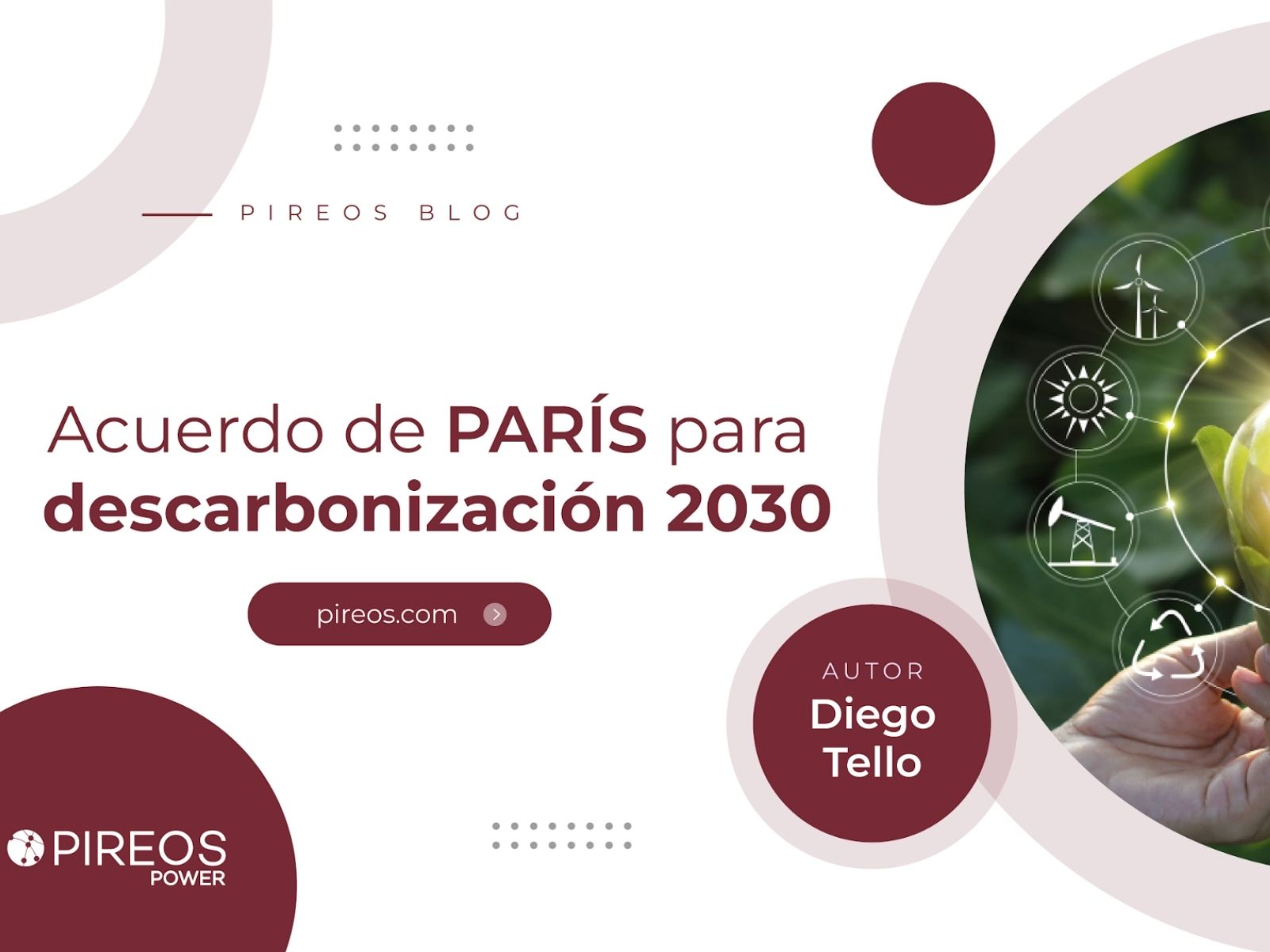 Infografía de Pireos Power sobre el Acuerdo de París para la descarbonización 2030, destacando la transición hacia economías de bajas emisiones, por Diego Tello.