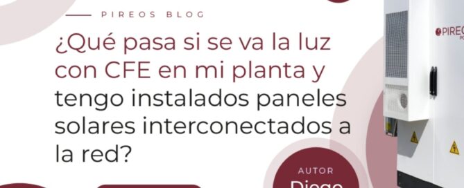 Infografía de Pireos Power que explica qué pasa si se va la luz con CFE teniendo paneles solares interconectados, destacando el sistema anti-isla y baterías de respaldo.