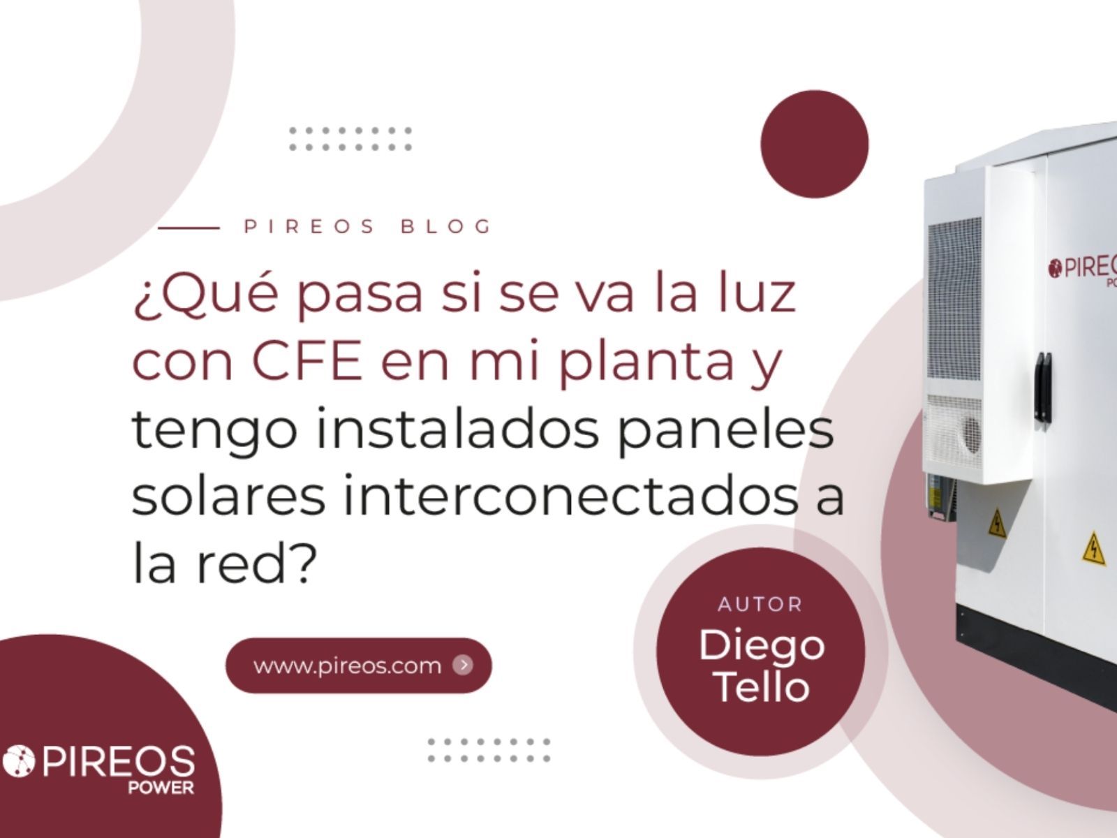 Infografía de Pireos Power que explica qué pasa si se va la luz con CFE teniendo paneles solares interconectados, destacando el sistema anti-isla y baterías de respaldo.