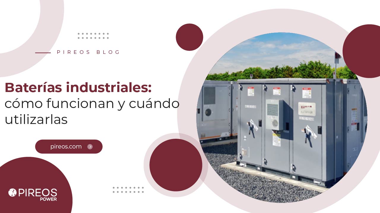 Infografía de PIREOS Power sobre la instalación y funcionamiento de baterías industriales de almacenamiento energético.