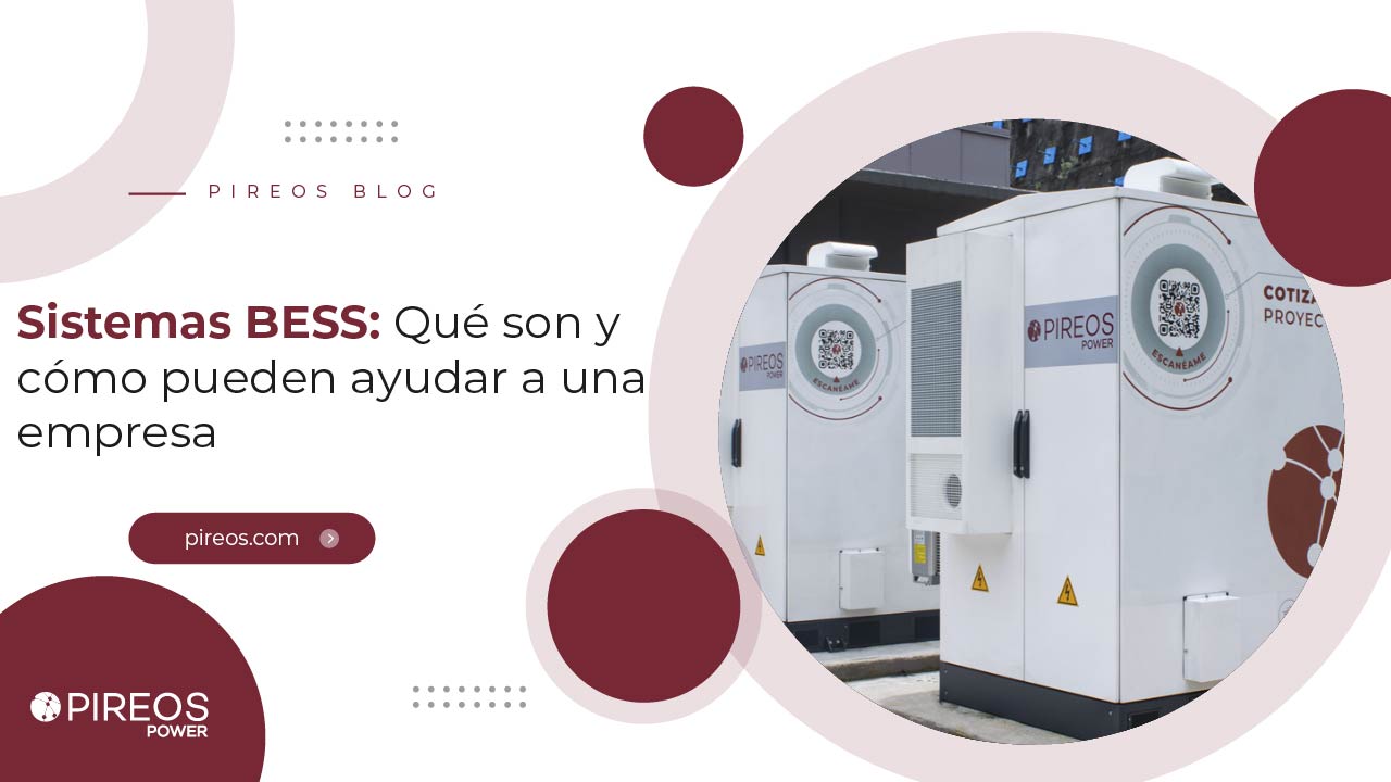 Infografía de PIREOS Power sobre sistemas BESS de almacenamiento energético mediante baterías para empresas.